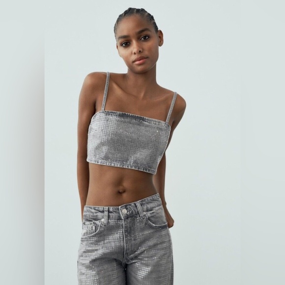 NWOT Zara Sequins Denim Bandeau Top - Picture 1 of 7